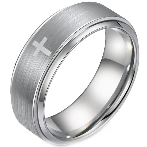 ***COI Titanium Black/Silver Cross Step Edges Ring-00649BB