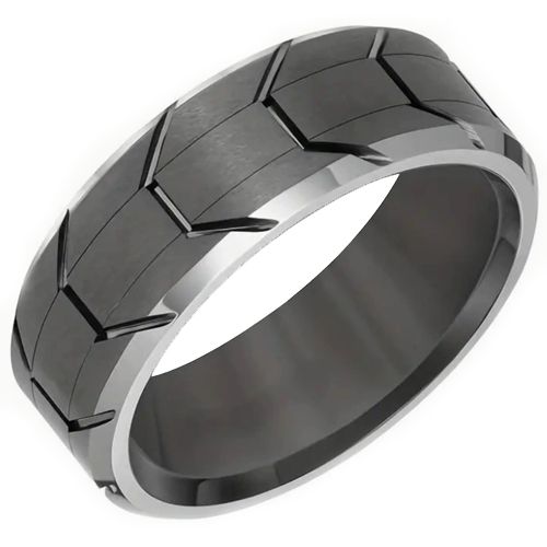 ***COI Titanium Black Silver Grooves Beveled Edges Ring-00654BB