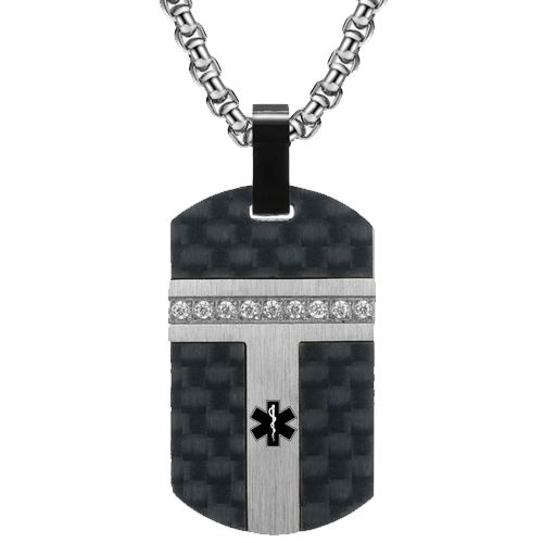 ***COI Titanium Black/Gold Tone Silver Medical Alert Carbon Fiber Pendant With Cubic Zirconia-00657BB