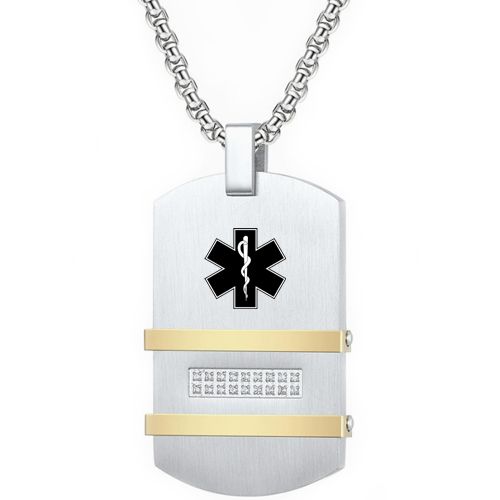 ***COI Titanium Black/Gold Tone Silver Medical Alert Tag Pendant With Cubic Zirconia-00661BB