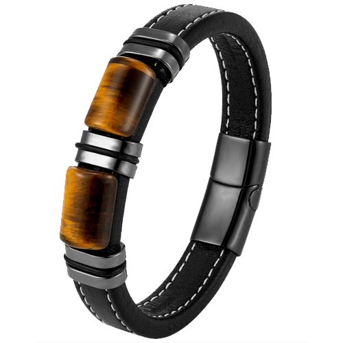 ***COI Titanium Black/Gold Tone/Silver Tiger Eyes Genuine Leather Bracelet With Steel Clasp(Length: 9.06 inches)-00666BB