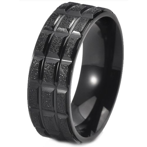 ***COI Titanium Black/Gold Tone/Silver Sandblasted Grooves Ring-00669BB