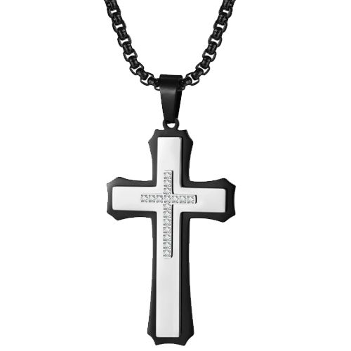 ***COI Titanium Black Silver Cross Pendant With Cubic Zirconia-00706BB