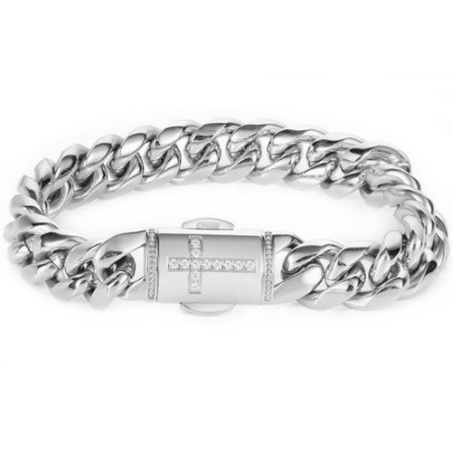 ***COI Titanium Gold Tone/Silver Cross Cubic Zirconia Bracelet With Steel Clasp(Length: 8.46 inches)-00721BB