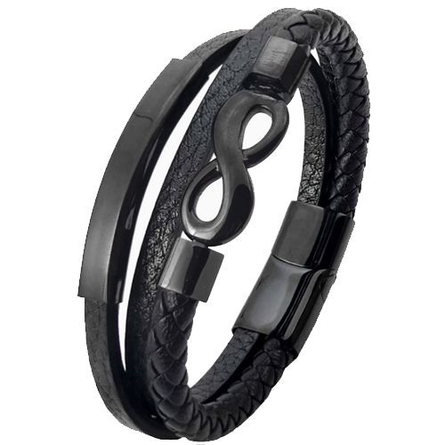 ***COI Black Titanium Infinity Genuine Leather Bracelet With Steel Clasp(Length: 8.07 inches)-00723BB