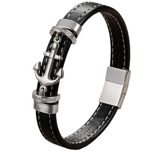 ***COI Titanium Black/Gold Tone/Silver Anchor Cubic Zirconia Genuine Leather Bracelet With Steel Clasp(Length: 8.27 inches)-00727BB