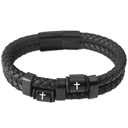 ***COI Black Titanium Cross Genuine Leather Bracelet With Steel Clasp(Length: 8.07 inches)-00729BB