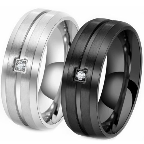 ***COI Titanium Black/Gold Tone/Silver Center Groove Beveled Edges Ring With Cubic Zirconia-00783BB