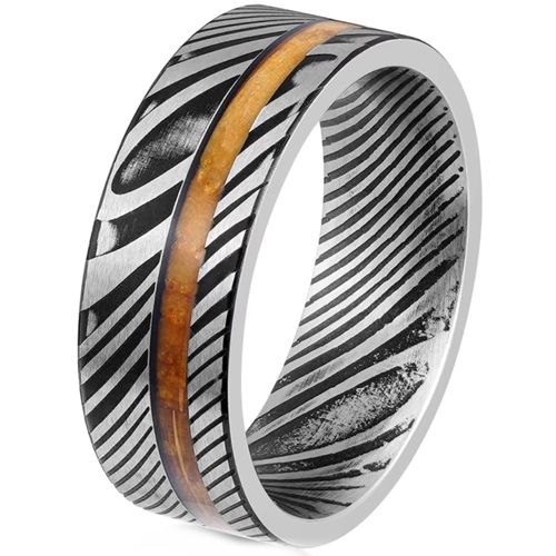 ***COI Titanium Black Silver Damascus Ring With Wood-00809BB