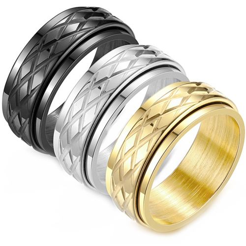 ***COI Titanium Black/Gold Tone/Silver Grooves Step Edges Ring-00814BB