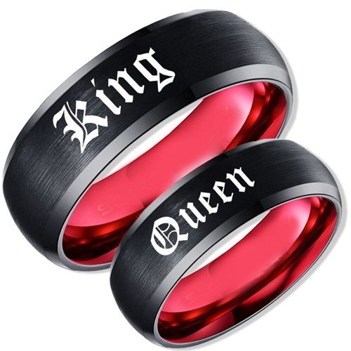 ***COI Titanium Black Red King Queen Beveled Edges Ring-00818BB