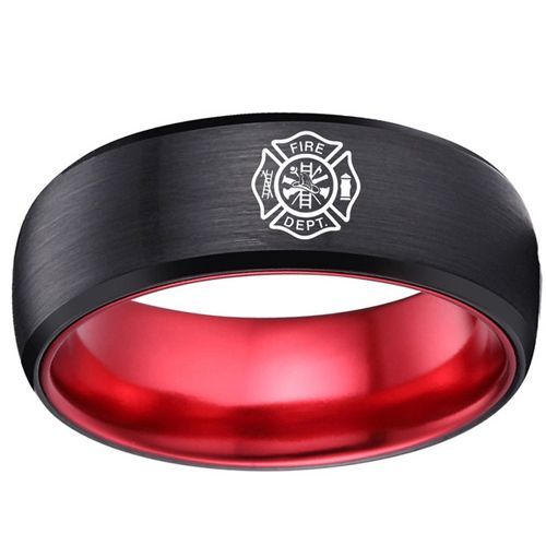 ***COI Titanium Black Red Firefighter Beveled Edges Ring-00821BB