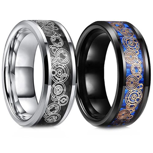 ***COI Titanium Black/Silver Gears & Circle Beveled Edges Ring-00850BB