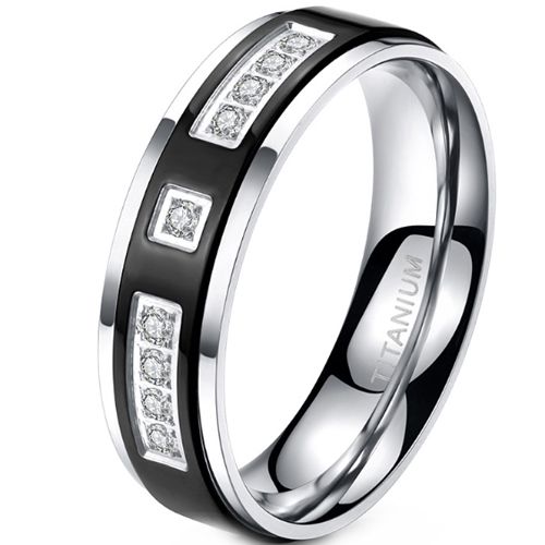 ***COI Titanium Black Silver Step Edges Ring With Cubic Zirconia-00859BB