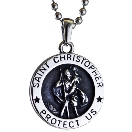 ***COI Titanium Black Silver Saint Christopher Protect Us Pendant-00867BB
