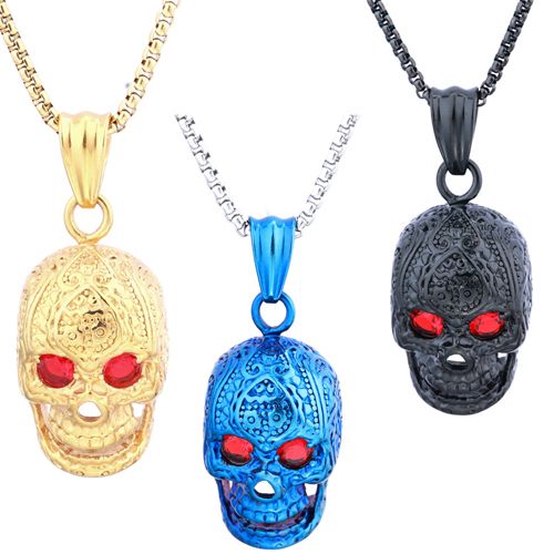 ***COI Titanium Black/Blue/Gold Tone Skull Pendant With Created Red Ruby-00872BB