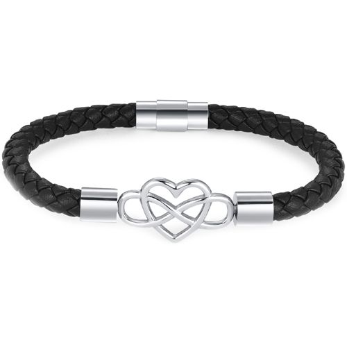 ***COI Titanium Black/Silver Infinity Heart Genuine Leather Bracelet With Steel Clasp(Length: 8.27 inches)-00890BB