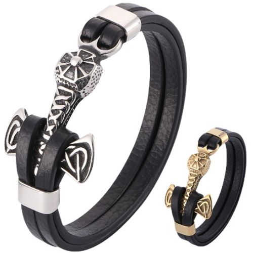 ***COI Titanium Black Gold Tone/Silver Anchor Genuine Leather Bracelet With Steel Clasp(Length: 8.27 inches)-00891BB