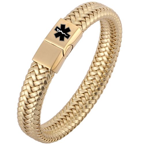 ***COI Gold Tone Titanium Medical Alert Genuine Leather Bracelet With Steel Clasp(Length: 8.27 inches)-00893BB