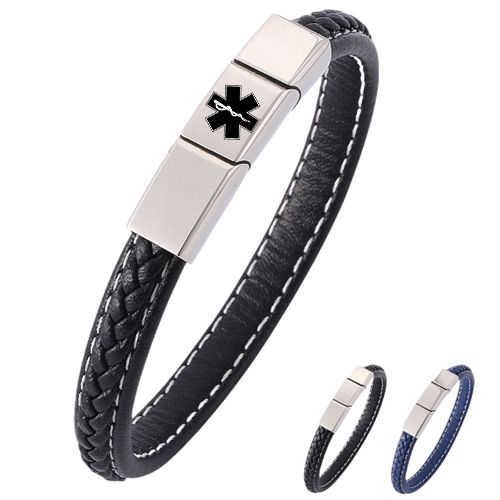 ***COI Titanium Medical Alert Genuine Leather Bracelet With Steel Clasp(Length: 8.27 inches)-00896BB