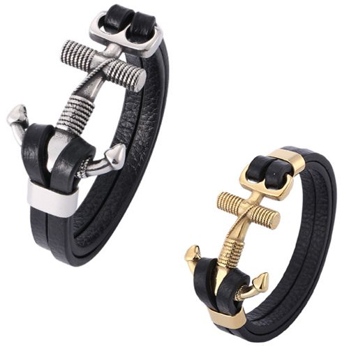 ***COI Titanium Gold Tone/Silver Anchor Genuine Leather Bracelet With Steel Clasp(Length: 8.66 inches)-00900BB