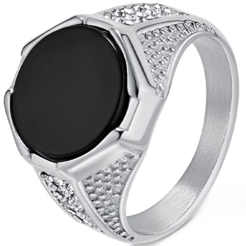 ***COI Titanium Gold Tone/Silver Black Onyx Cubic Zirconia Ring-00906BB