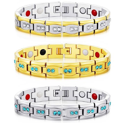 ***COI Titanium Gold Tone/Silver Blue Topaz/Cubic Zirconia Bracelet With Steel Clasp(Length: 8.66 inches)-00912BB