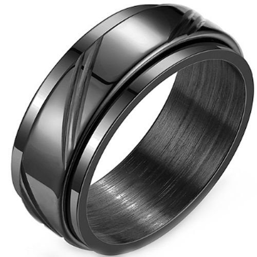 ***COI Titanium Black/Gold Tone/Silver Diagonal Grooves Step Edges Ring-00919BB