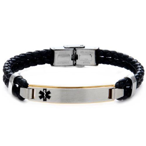 ***COI Titanium Black/Gold Tone/Silver Medical Alert Genuine Leather Bracelet With Steel Clasp(Length: 8.26 inches)-00929BB