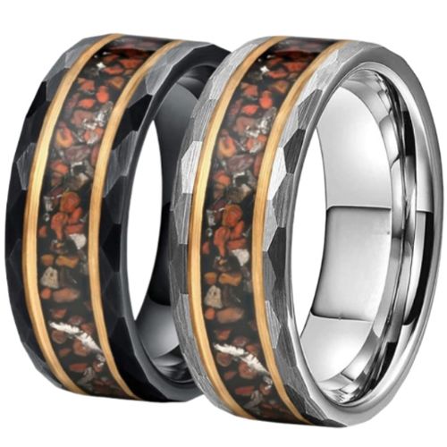 ***COI Titanium Black/Silver Gold Tone Double Grooves Dinosaur Bone Faceted Ring-00939BB