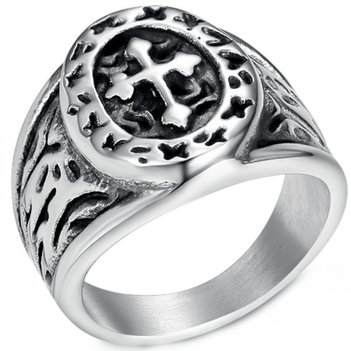 ***COI Titanium Black Silver Cross & Celtic Ring-00958BB