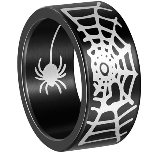 ***COI Titanium Black/Silver Spider & Web Pipe Cut Flat Ring-00967BB