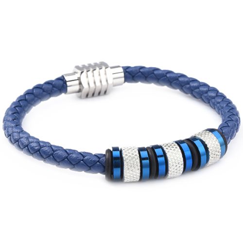 ***COI Titanium Blue Silver Genuine Leather Bracelet With Steel Clasp(Length: 8.27 inches)-00975BB