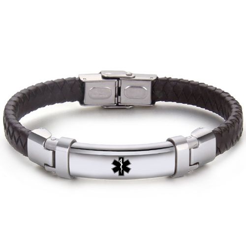***COI Titanium Medical Alert Genuine Leather Bracelet With Steel Clasp(Length: 8.46 inches)-00989B