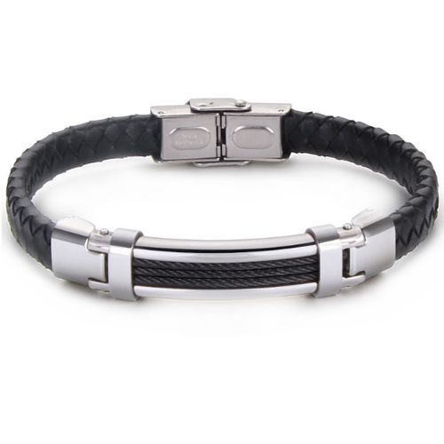 ***COI Titanium Black/Gold Tone/Silver Wire Genuine Leather Bracelet With Steel Clasp(Length: 8.46 inches)-00990B
