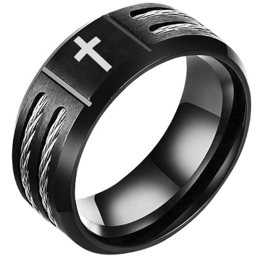 ***COI Black Titanium Cross Ring With Wire-00991BB