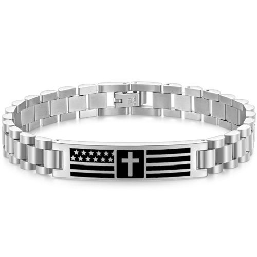 ***COI Titanium Black/Gold Tone/Silver Cross & American Flag Bracelet With Steel Clasp(Length: 8.27 inches)-00998BB