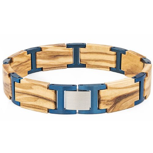 ***COI Titanium Blue/Gold Tone Koa Wood Bracelet With Steel Clasp(Length: 8.66 inches)-01008BB