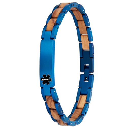 ***COI Titanium Rose/Blue/Black Medical Alert Koa Wood Bracelet With Steel Clasp(Length: 8.66 inches)-01016BB