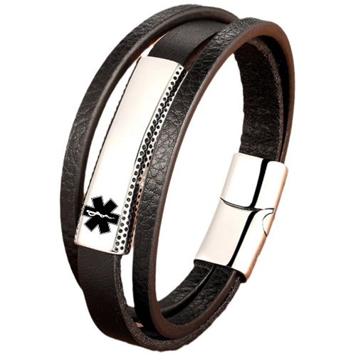 ***COI Titanium Gold Tone/Silver Medical Alert Genuine Leather Bracelet With Steel Clasp(Length: 8.46 inches)-01035BB