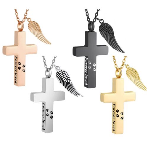 ***COI Titanium Black/Gold Tone/Rose/Silver Cremation Cross Pendant For Ashes of Pets and People-01053BB