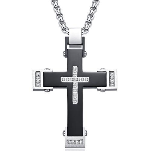 ***COI Titanium Black Silver Cross Pendant With Cubic Zirconia-01056BB