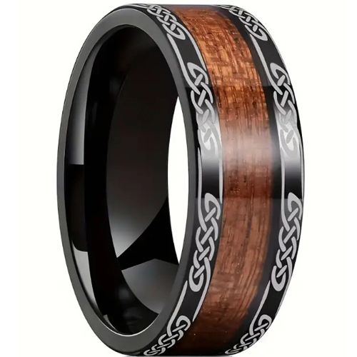 ***COI Black Titanium Celtic Knots Ring With Koa Wood-01069BB