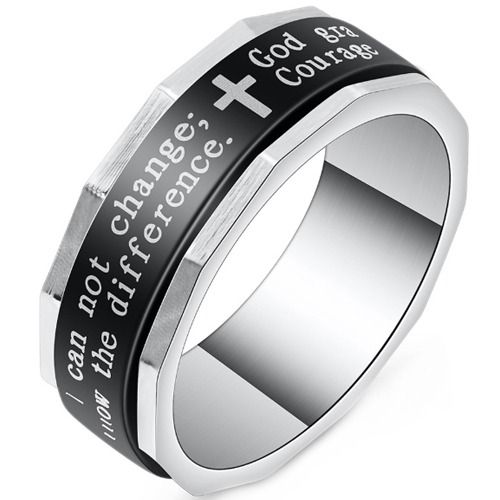 ***COI Titanium Black Silver Cross Prayer Rotating Ring-01087BB