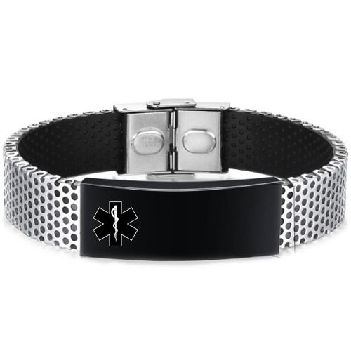 ***COI Titanium Black Silver Medical Alert Genuine Leather Bracelet With Steel Clasp(Length: 8.07 inches)-01096BB
