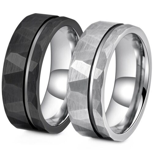 ***COI Titanium Black/Silver/Gold Tone Silver Offset Groove Faceted Ring-01152BB
