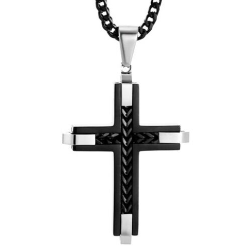 ***COI Titanium Black Silver Cross Pendant-01156BB