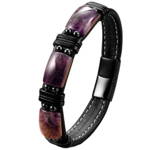 ***COI Titanium Amethyst Genuine Leather Bracelet With Steel Clasp(Length: 9.06 inches)-01161BB