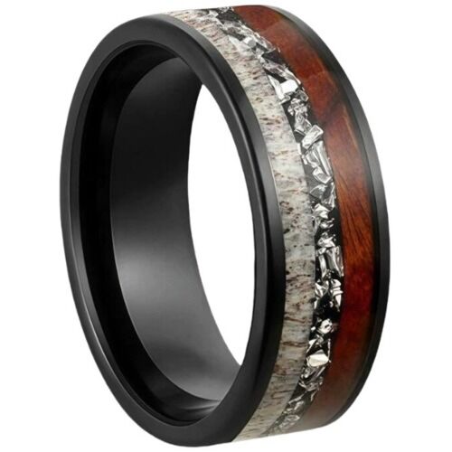 ***COI Black Titanium Deer Antler Meteorite & Wood Ring-01172BB