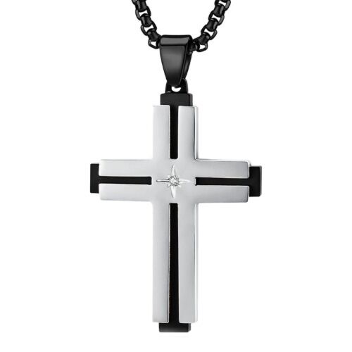 ***COI Titanium Black Rose/Silver Cross Pendant With Cubic Zirconia-01187BB
